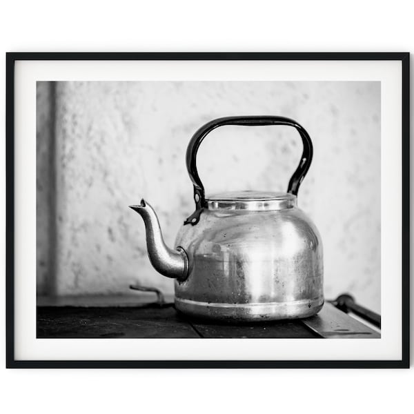 Black And White Photo Instant Digital Download Wall Art Print Stainless Steel Teapot Image