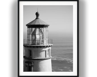 Black and White Lighthouse Printable Wall Art, Coastal Ocean Photography Digital Download Art Print