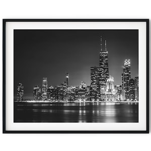 Black And White Photo Instant Digital Download Wall Art Print Chicago Skyline At Night Image