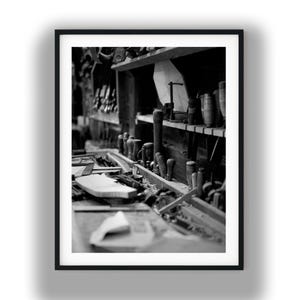 Woodworking Workshop Printable Art, Black and White Carpenter Tools Photo Digital Download Print