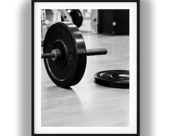 Schwarz-Weiß-Kunstdruck mit Langhantelmotiv, Wandbild zum Thema Gewichtheben, Fitness-Download