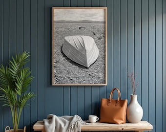Black and White Boat on Rocky Beach Digital Download, Coastal Landscape Photography, Minimalist Seaside Wall Art Print