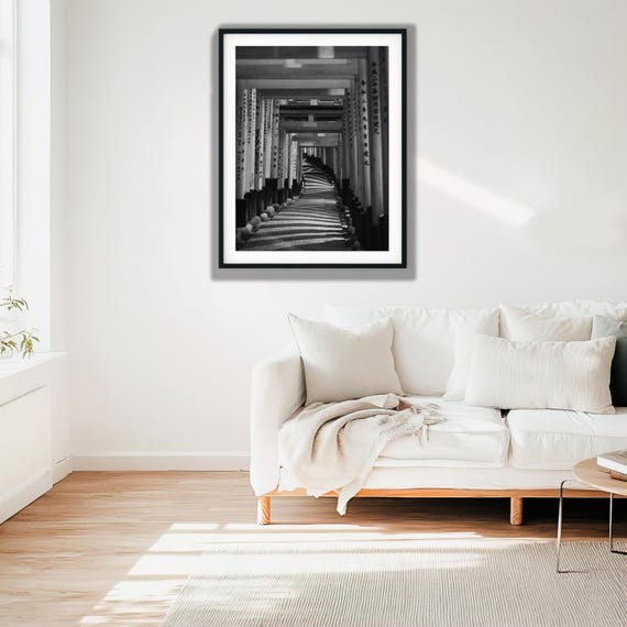 Japanese Torii Gate Wall Art Print, Black and White Kyoto Shrine