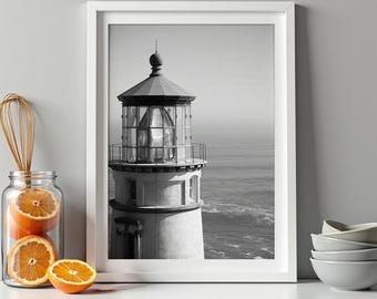 Black and White Lighthouse Digital Download, Ocean Photography Print, Coastal Wall Art Decor, Minimalist Marine Printable Photo