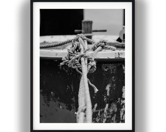 Zwart-witfoto Instant digitale download Wall Art Print verweerde boot marine nautisch touw afbeelding