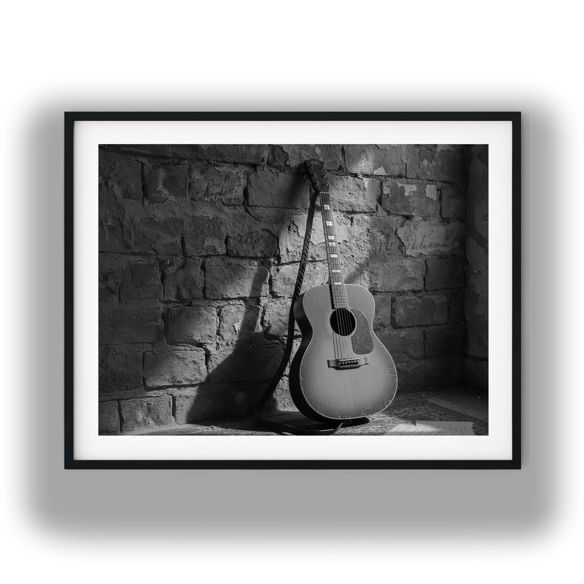 Black and white photo of acoustic guitar - Etsy México, image size:2000x2000