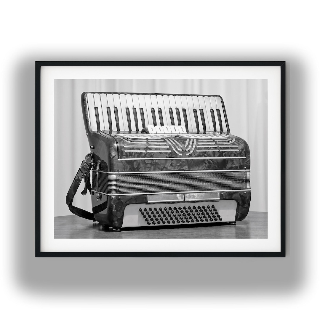 Vintage Accordion Black and White Photography Print, Retro Musical