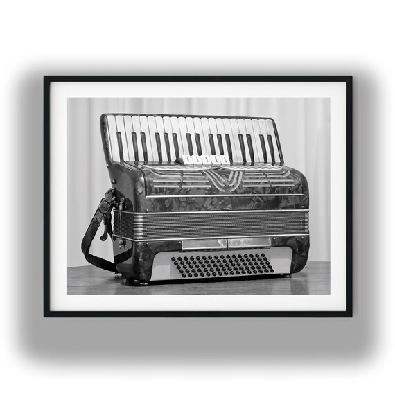 Vintage Accordion Black and White Photography Print, Retro Musical
