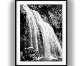 Black and White Forest Waterfall Print, Nature River Wall Art Digital Download