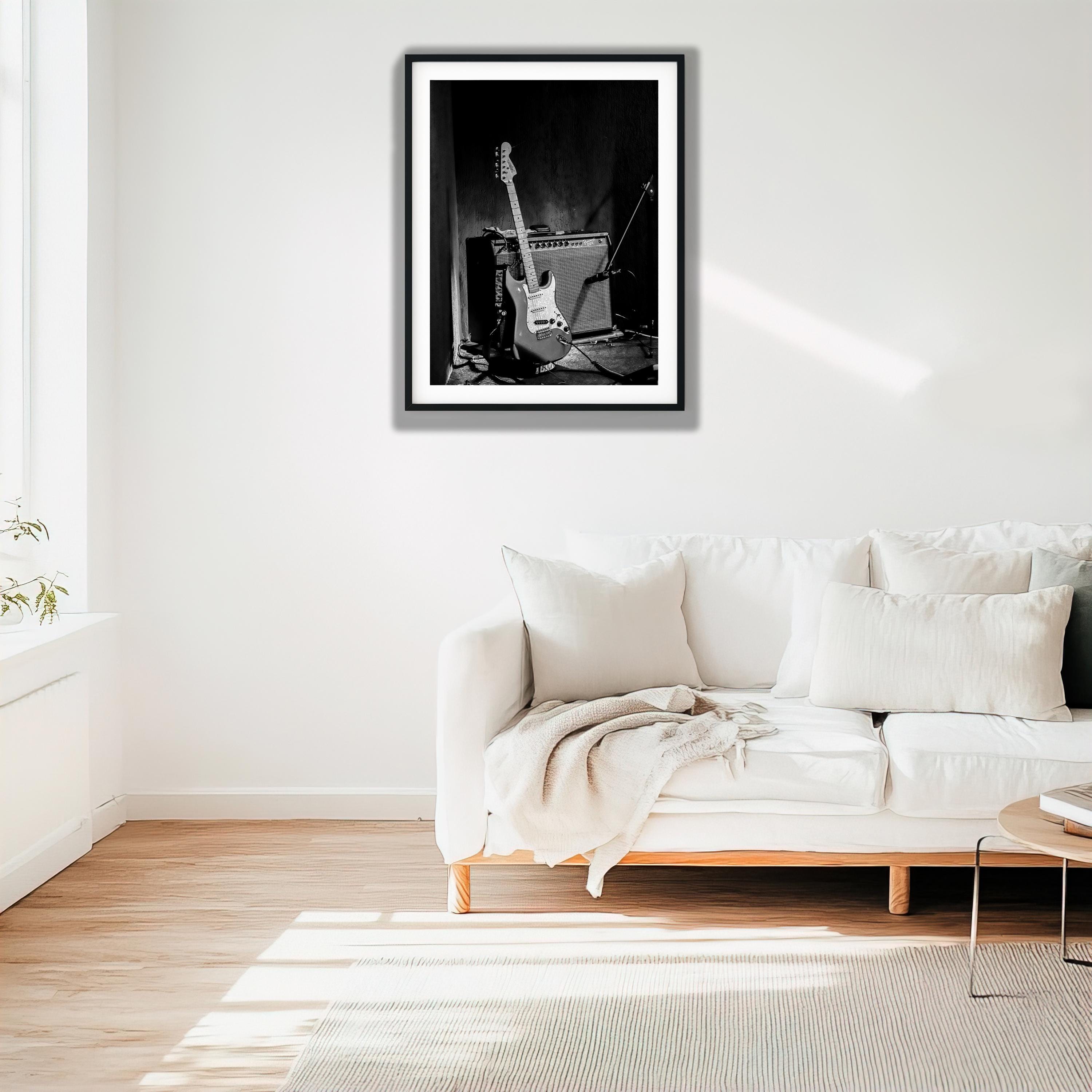 Black and White Electric Guitar Print, Vintage Amplifier Wall Art