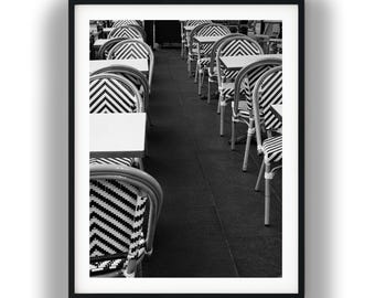 Black and White Bistro Chairs Digital Download, Parisian Cafe Photography Print