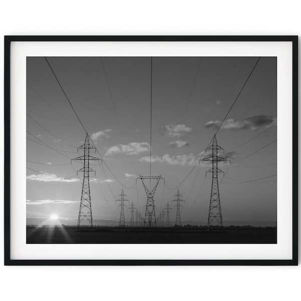 Black And White Photo Instant Digital Download Wall Art Print Sunset Power Pylons Image