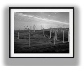 Black and White Wind Farm Printable Wall Art, Windmill Landscape Photo Digital Download Print