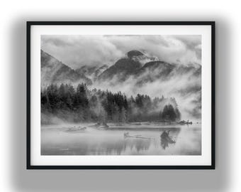 Foggy Mountain Lake Black and White Photography Print, Misty Forest Landscape Wall Art, Moody Nature Digital Download, Minimalist Decor