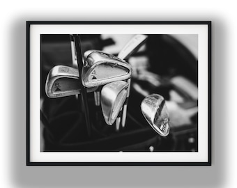 Lámina artística en blanco y negro de palos de golf, fotografía deportiva para descarga digital