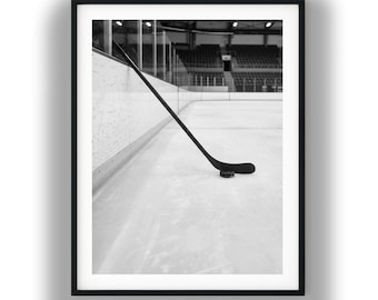Black and White Ice Hockey Stick and Puck Digital Print Wall Art Download