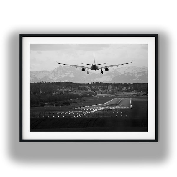 Black and White Airplane Landing Print, Mountain Runway Aviation Photo Digital Download