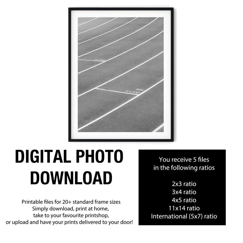 May include: A black and white digital print featuring a high-angle view of an athletic running track with white lane markings and the text 4x100 printed on the surface. The artwork is displayed within a thin black frame against a white background.