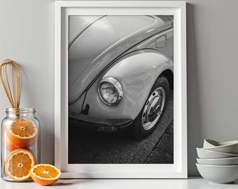 Lámina de coche clásico en blanco y negro, arte mural de Beetle vintage, foto retro de Volkswagen, descarga digital, fotografía de coche imprimible