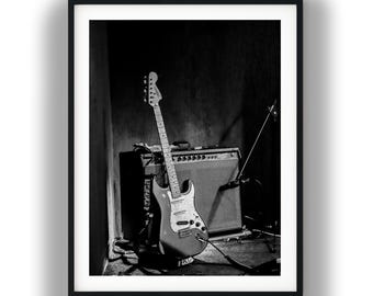Black and White Acoustic Guitar Print, Music Studio Photography