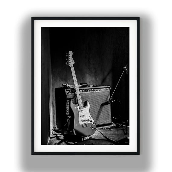 Black and White Electric Guitar Print, Vintage Amplifier Wall Art