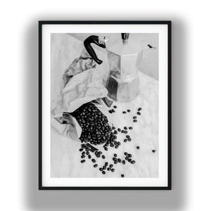 Black and White Coffee Beans and Moka Pot Printable Wall Art, Digital Download Print