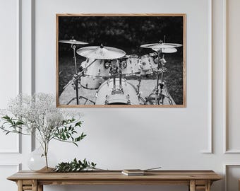Black and White Drum Kit Photo, Music Studio Wall Art, Drums Photography Print, Percussion Instrument Decor, Digital Download Wall Art