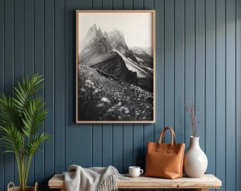 Dolomites Mountain Print, Italy Landscape Black and White Photo Digital Download, Italian Alps Wall Art, Seceda Ridge Photography