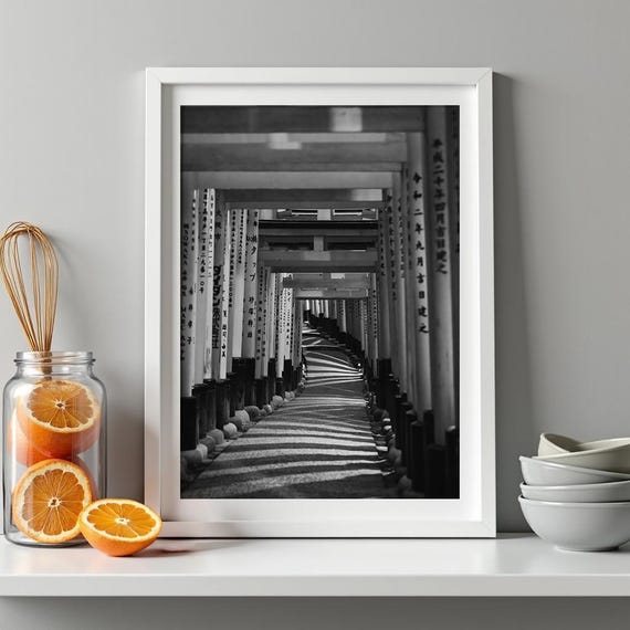 Japanese Torii Gate Wall Art Print, Black and White Kyoto Shrine