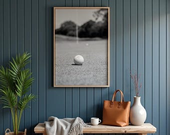 Golf Ball on Green Art Print, Black and White Golf Photo Digital Download, Vertical Sports Wall Decor, Country Club Aesthetic Printable Sign