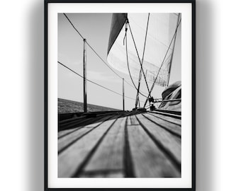 Black and White Sailboat Photography Print, Nautical Wooden Deck Sailing Art Digital Download