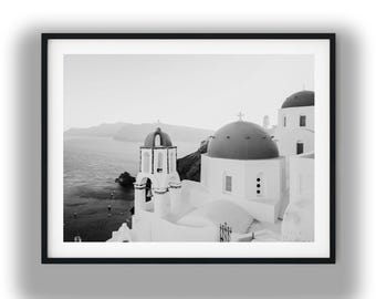 Black and White Santorini Greece Photo Print, Oia Church Domes Digital Download Wall Art