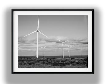 Black and White Wind Turbines Landscape Art Print, Minimalist Renewable Energy Digital Download