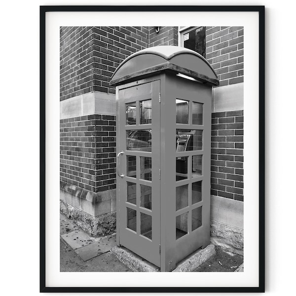 Black And White Photo Instant Digital Download Wall Art Print Brick Wall Phone Booth Image