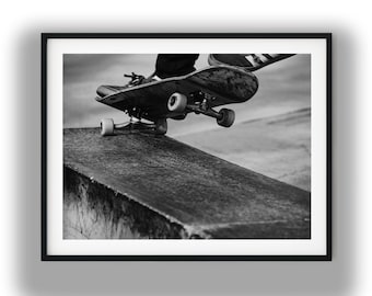 Black and White Skateboarding Trick Wall Art Print, Action Photography Digital Download