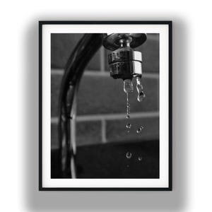 Black and White Dripping Faucet Photography Print, Minimalist Water Drop Digital Download