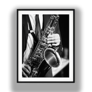 Czarno-biały wydruk z saksofonem jazzowym, fotografia muzyka do pobrania w wersji cyfrowej, sztuka ścienna