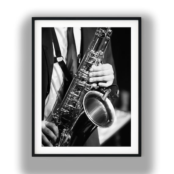 Black and White Saxophone Jazz Musician Print, Musical Instrument
