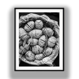 Black and White Hasselback Potatoes Food Photography Print, Rustic Kitchen Still Life, Gourmet Cooking Art, Digital Download Wall Decor