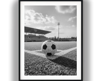 Lámina de esquina de balón de fútbol en blanco y negro, arte minimalista de deportes de fútbol para descarga digital