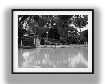 Black and White Tropical Swimming Lagoon Print, Palm Tree Oasis Photography Digital Download