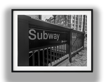 Black and White New York City Subway Sign Print, NYC Winter Digital Download Printable Art