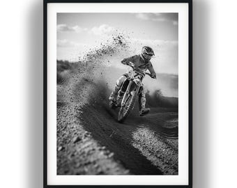 Zwart-wit motocross muurdecoratie, print van crossmotorraces, digitale download van actiesporten