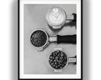 Black and White Coffee Art Print, Espresso Beans Grounds Latte Art Digital Download