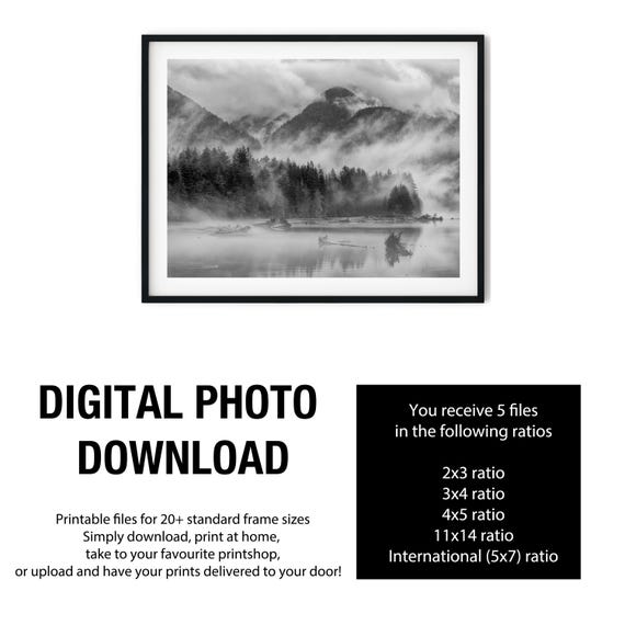 Black and White Misty Mountain Lake Wall Art, Foggy Pine Forest