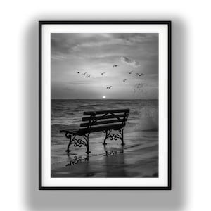 Black and White Ocean Wave Bench Print, Sunset Seashore Digital Download, Flying Birds Photo
