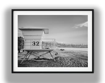 Black and White Lifeguard Tower Beach Print, Coastal Wall Art Digital Download