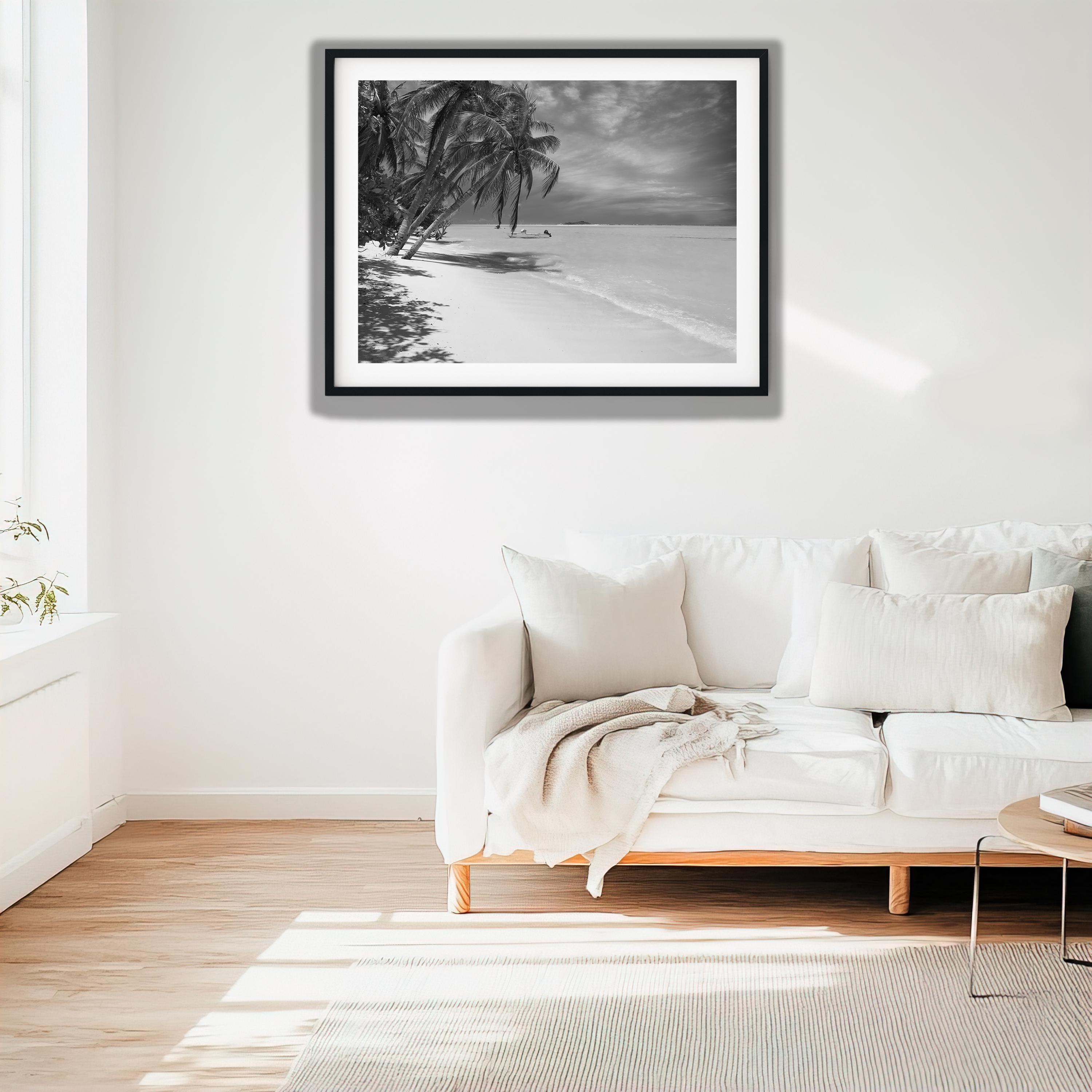 Black and White Tropical Beach Palm Trees With Boat, Calm Ocean ...