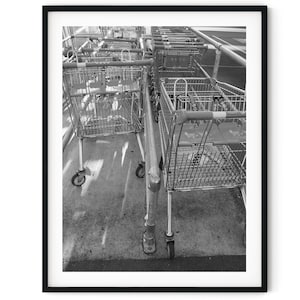 Black And White Photo Instant Digital Download Wall Art Print Supermarket Trolly Parking Image