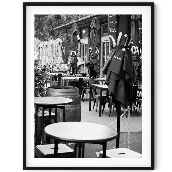 Black And White Photo Instant Digital Download Wall Art Print Outdoor Cafe Image